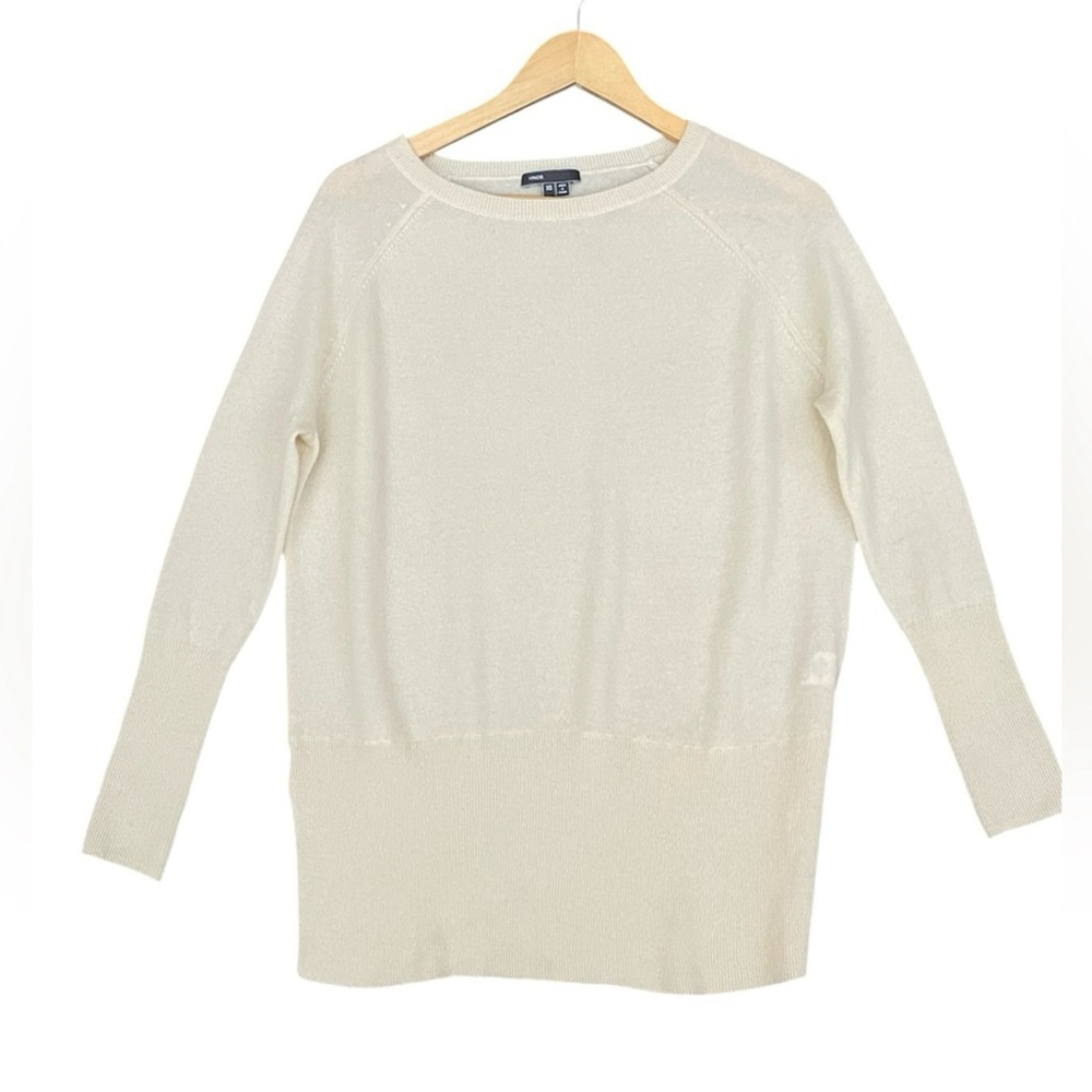 Vince. Cream 100% CASHMERE Sweater OVERSIZED XS Long-Sleeved Crew Neck Side Slit